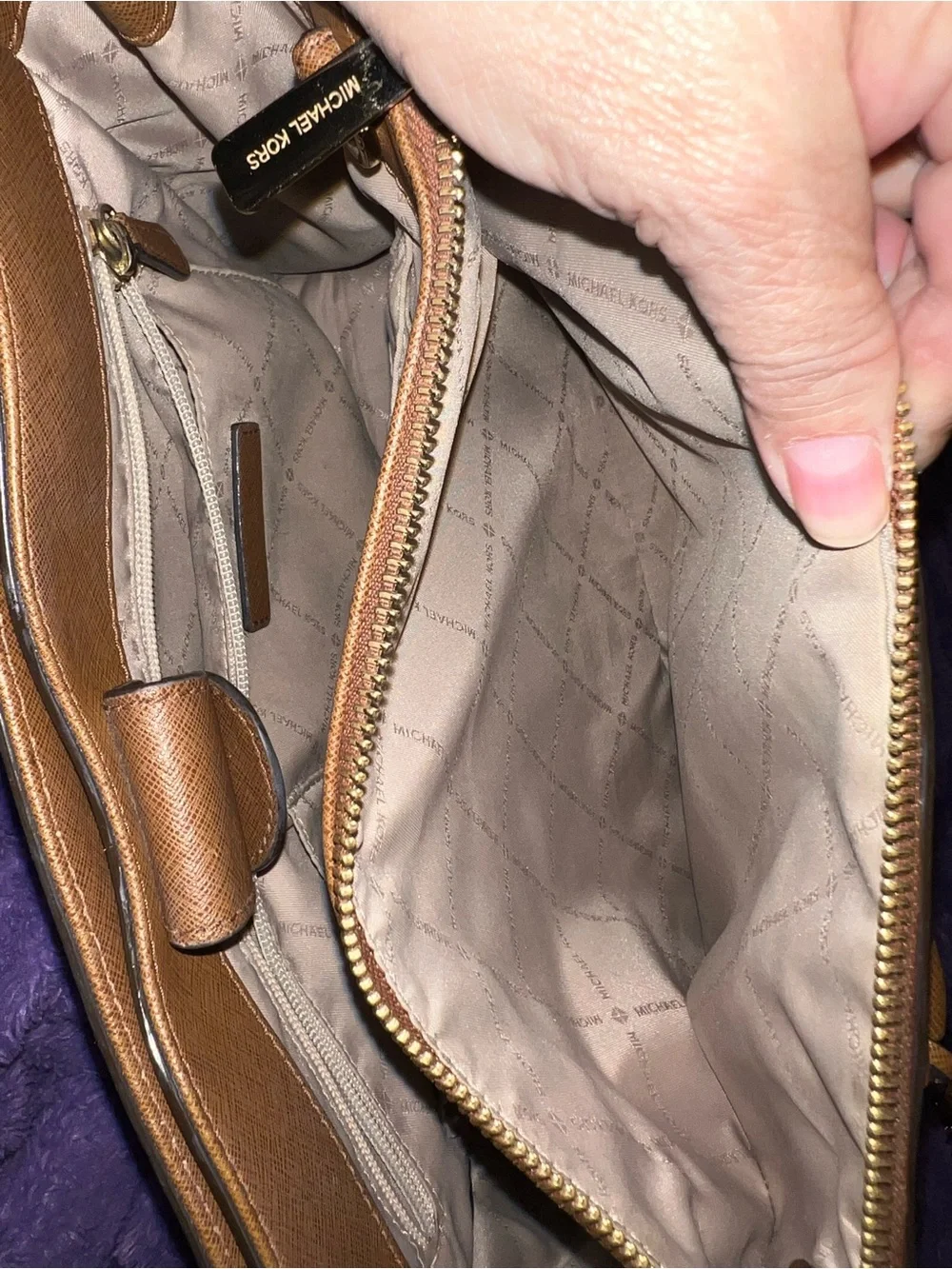 Michael Kors Saffiano Zip Pouch in Tan Brown with Gold Logo